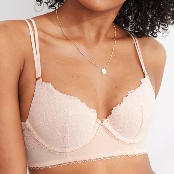 Aerie Pink Real Power Plunge Push Up Sunflower Lace Bra Size 36C - Picture 1 of 6